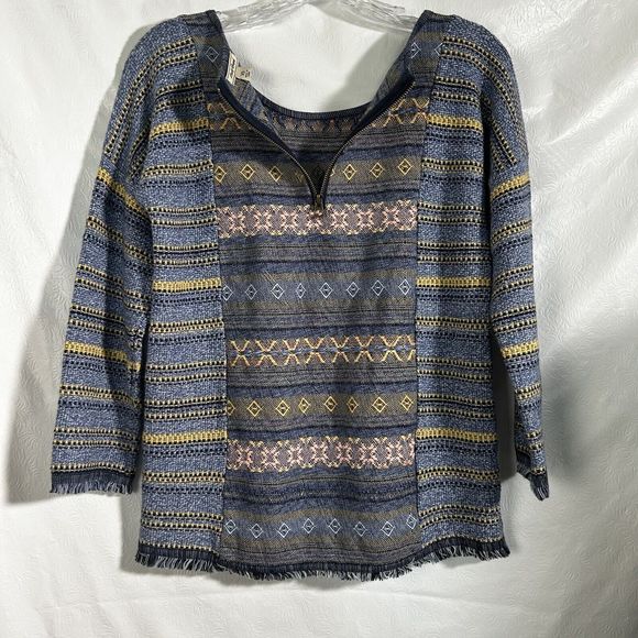 Lucky Brand Womens Sz XS Escape Bohemian Aztec Blue Sweater Exposed Zippers - Picture 8 of 16